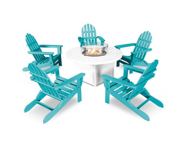 Polywood Polywood Aruba Classic Folding Adirondack 6-Piece Conversation Set with Fire Pit Table Aruba Conversation Table PWS414-1-10355 190609066412