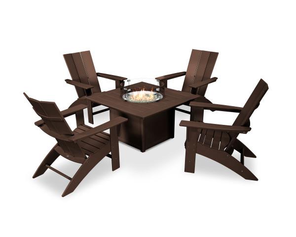 Polywood Polywood Modern Curveback Adirondack 5-Piece Conversation Set with Fire Pit Table Mahogany Conversation Table PWS412-1-MA 190609066221