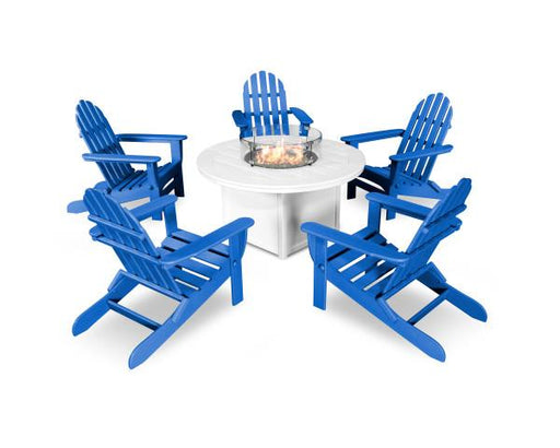 Polywood Polywood Pacific Blue Classic Folding Adirondack 6-Piece Conversation Set with Fire Pit Table Pacific Blue Conversation Table PWS414-1-10357 190609066436