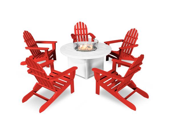 Polywood Polywood Sunset Red Classic Folding Adirondack 6-Piece Conversation Set with Fire Pit Table Sunset Red Conversation Table PWS414-1-10358 190609066443