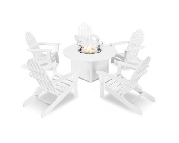 Polywood Polywood White Classic Folding Adirondack 6-Piece Conversation Set with Fire Pit Table White Conversation Table PWS414-1-WH 190609066528