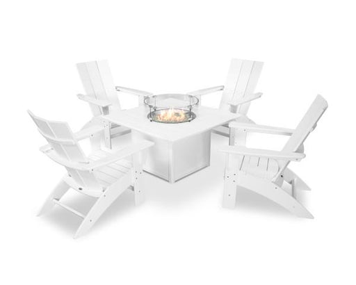 Polywood Polywood White Modern Curveback Adirondack 5-Piece Conversation Set with Fire Pit Table White Conversation Table PWS412-1-WH 190609066252